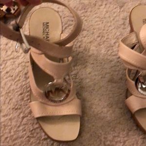 Michael Kors platform tan and silver logo sandals